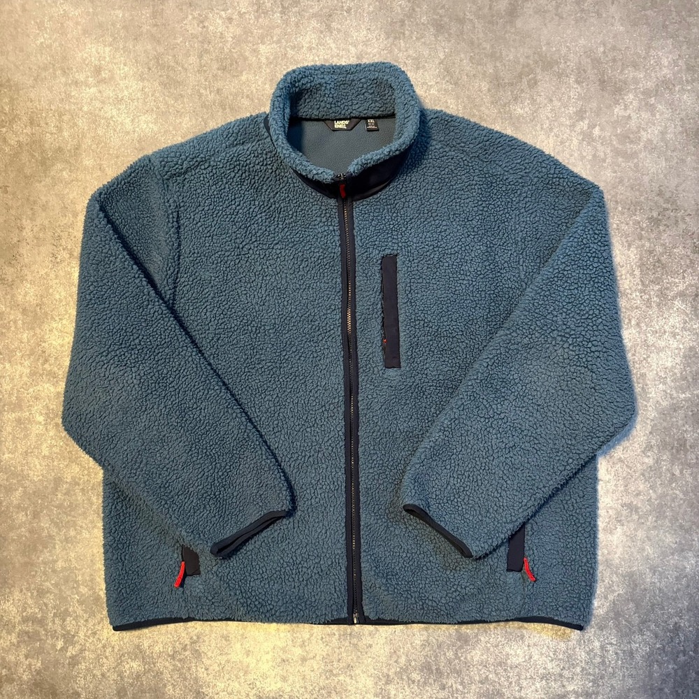 Lands End Mens XXL Blue Sherpa Deep Pile Fleece Full Zip Jacket Mock Neck Pocket